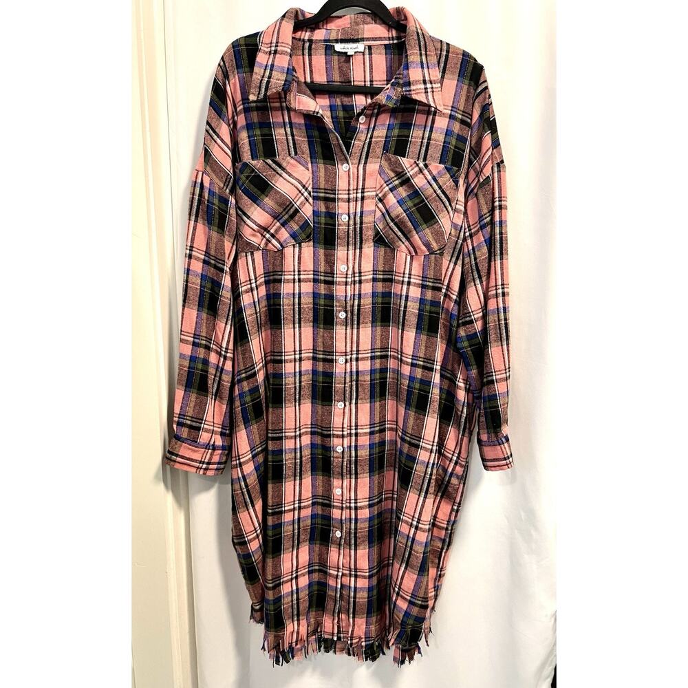 White Birch | Plaid Flannel Button Up Shirt Dress Lagenlook Pockets Size 1X